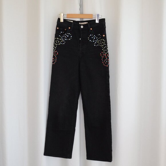 Levi's Ribcage Straight Black Limited Edition Studded Jeans Sz 26 - Picture 2 of 9